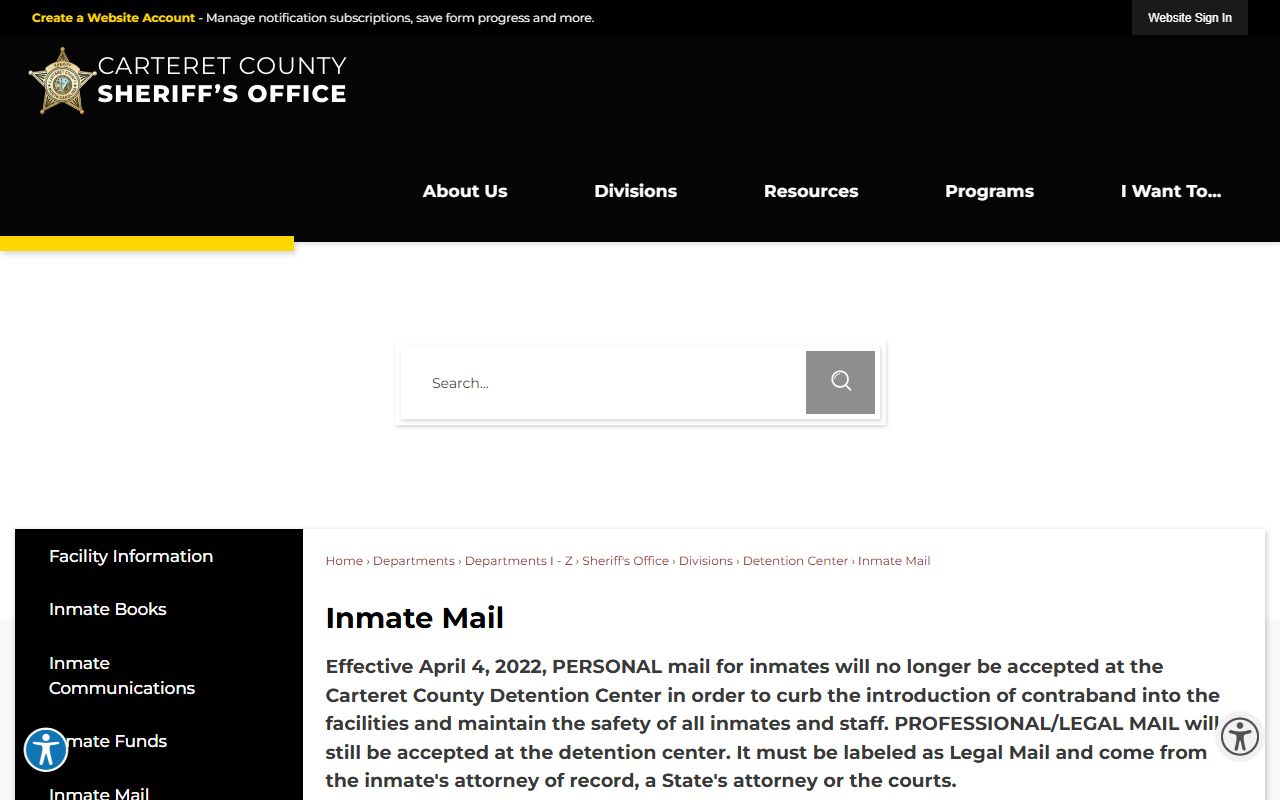 Carteret County Detention Center inmate mail scanning Facility ID 5026 rules
