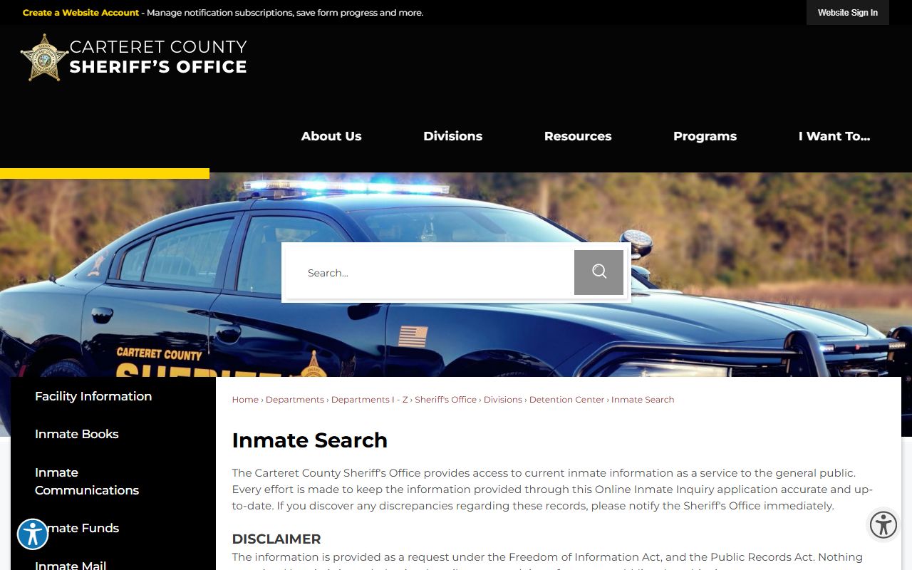 Carteret County jail mugshots inmate search disclaimer