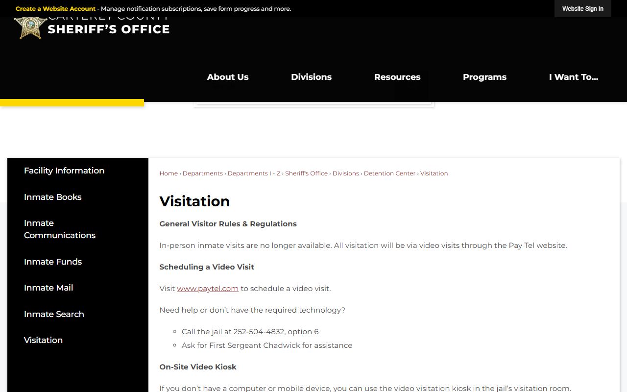Carteret County Detention Center video visitation rules for jail inmates