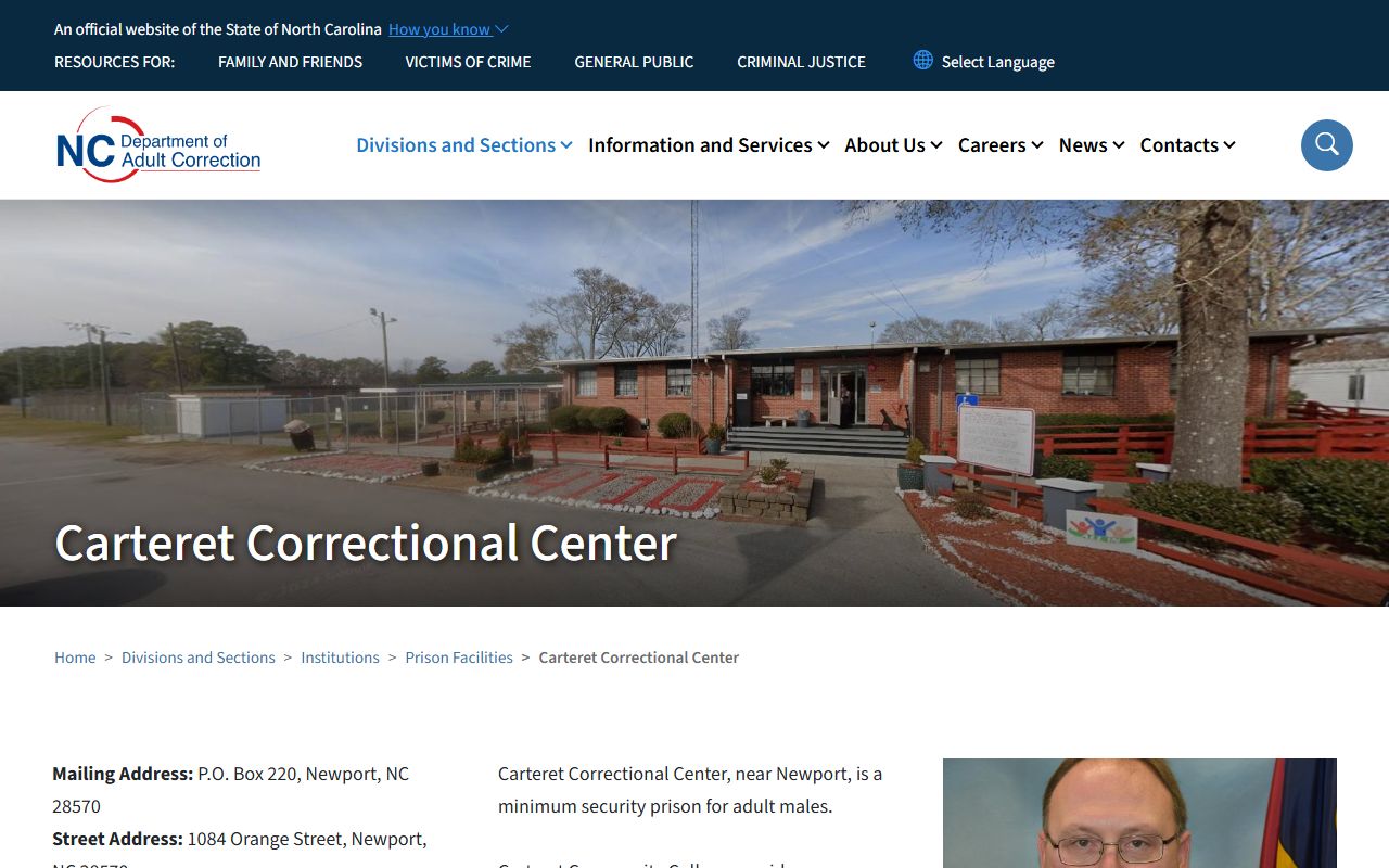 Carteret Correctional Center NC DAC state prison inmate facility page