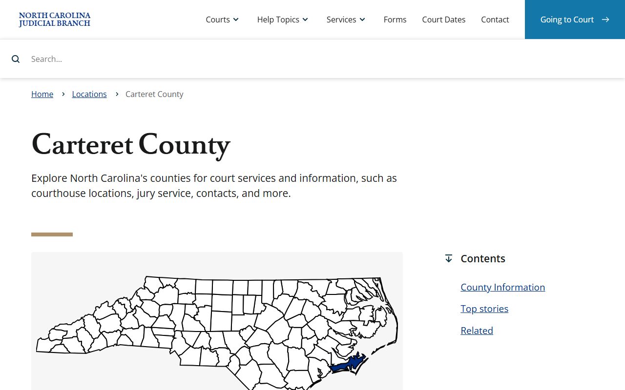 NC Judicial Branch Carteret County courts page showing court location resources