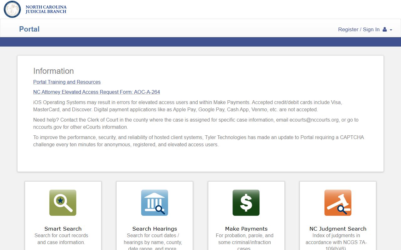North Carolina Courts Portal landing page with Smart Search and Search Hearings tools